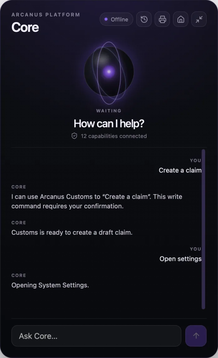 Core interface showing a governed request to create a customs claim and open system settings
